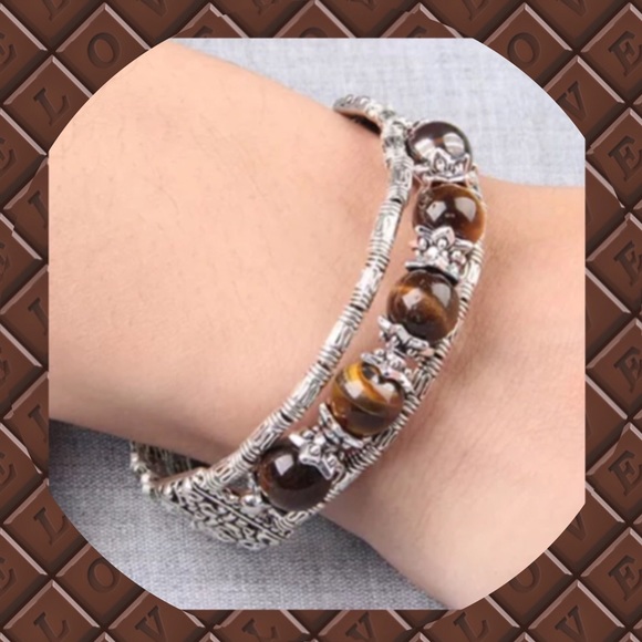 🍁NEW Silver Tiger Eye Stone Bangle - Picture 1 of 7